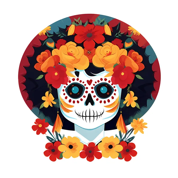 Colorful Sugar Skull with Flowers for Day of the Dead Celebration