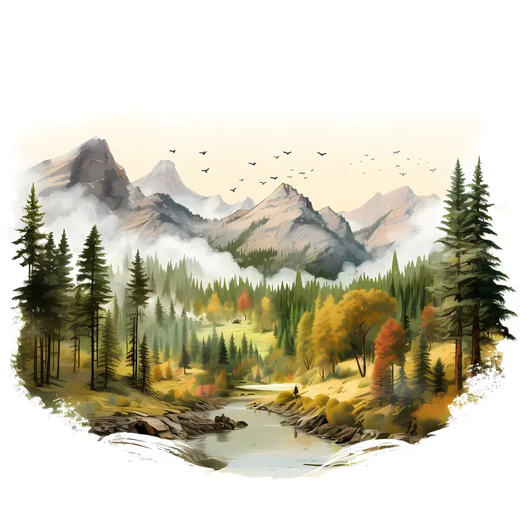 Autumn Mountain Landscape with River