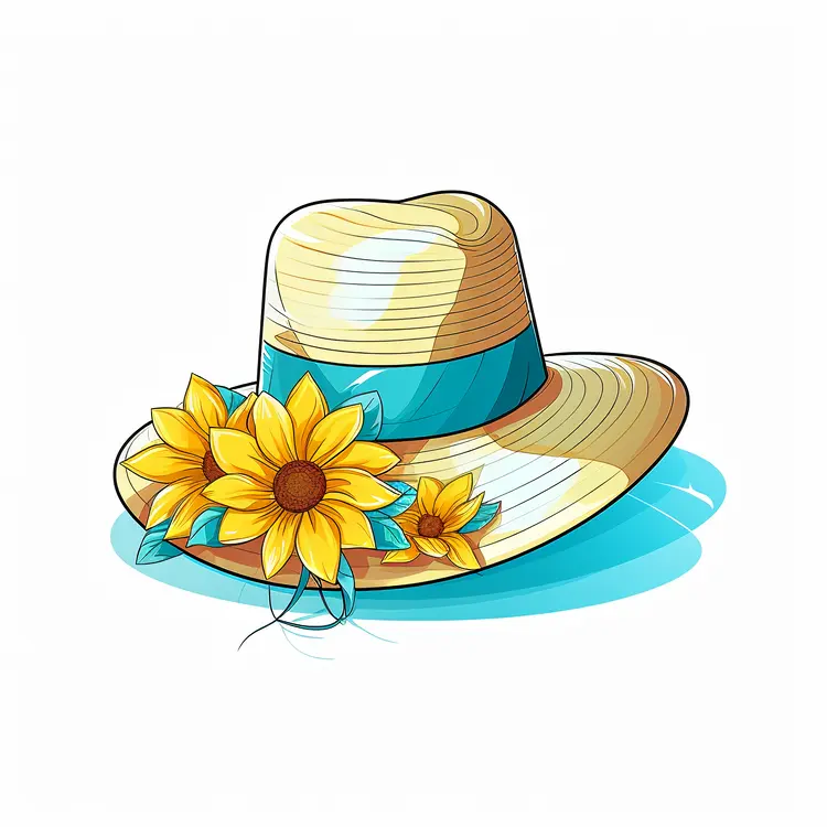 Beautiful Straw Hat with Sunflowers and Blue Ribbon