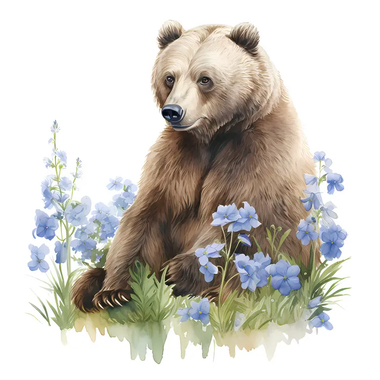 Bear Sitting with Blue Flowers