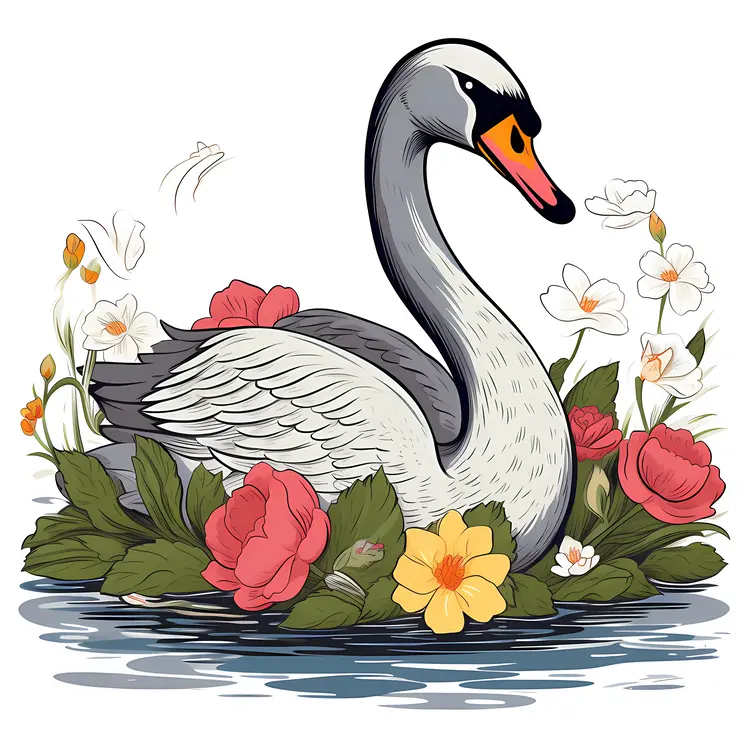 Elegant Swan with Colorful Flowers in Nature Scene