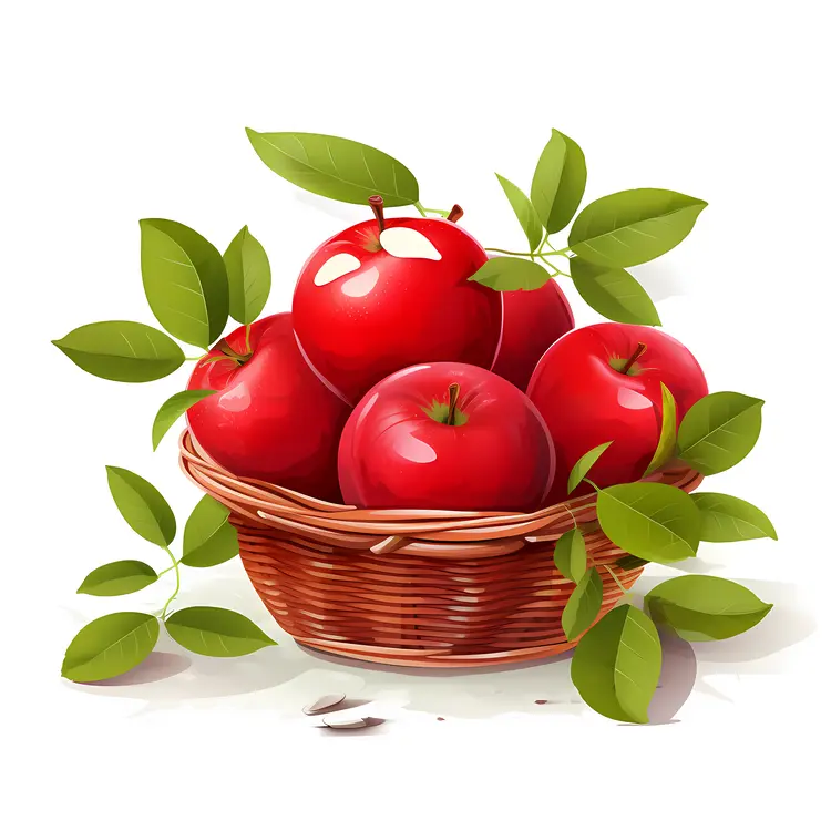 Red Apples in Wicker Basket with Green Leaves