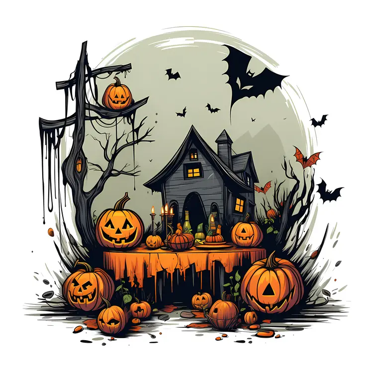 Haunted House with Pumpkins and Bats