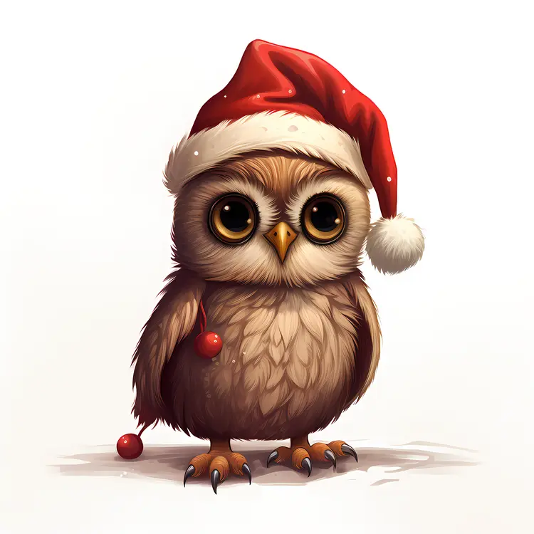 Sweet Owl with Santa Hat and Red Berries