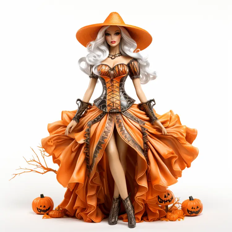 Elegant Halloween Doll in Orange Witch Costume with Pumpkins