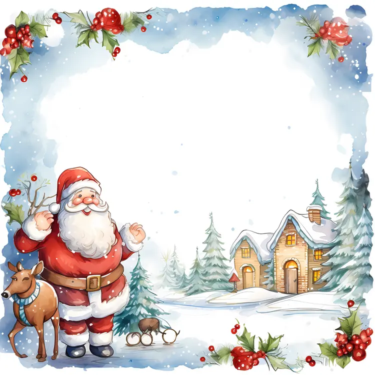 Santa Claus with Reindeer in Winter Wonderland