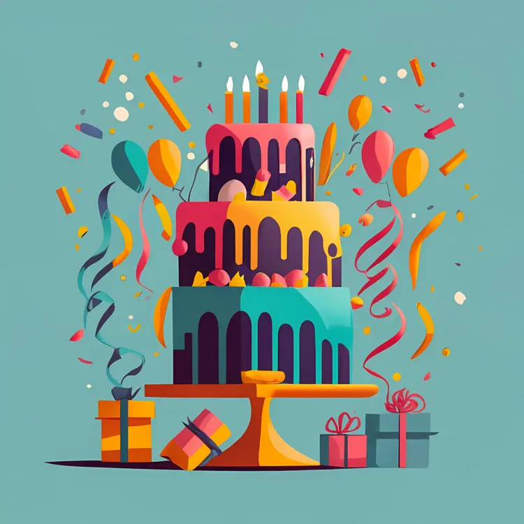 Colorful Birthday Cake with Candles and Balloons