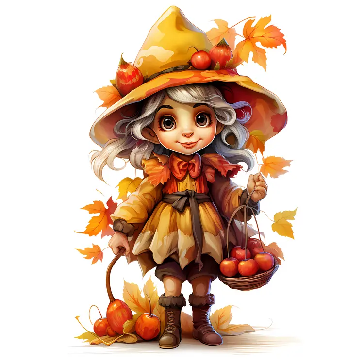 Cute Elf with Apples and Autumn Leaves
