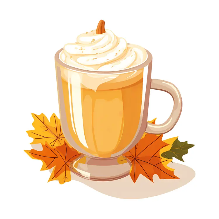 Pumpkin Spice Latte with Whipped Cream and Autumn Leaves