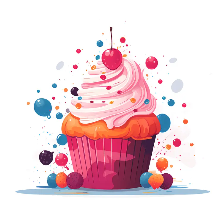 Colorful Cupcake with Cherry and Sprinkles