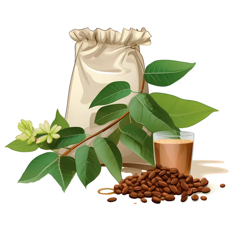 Coffee Beans and Leaves with Sack and Cup