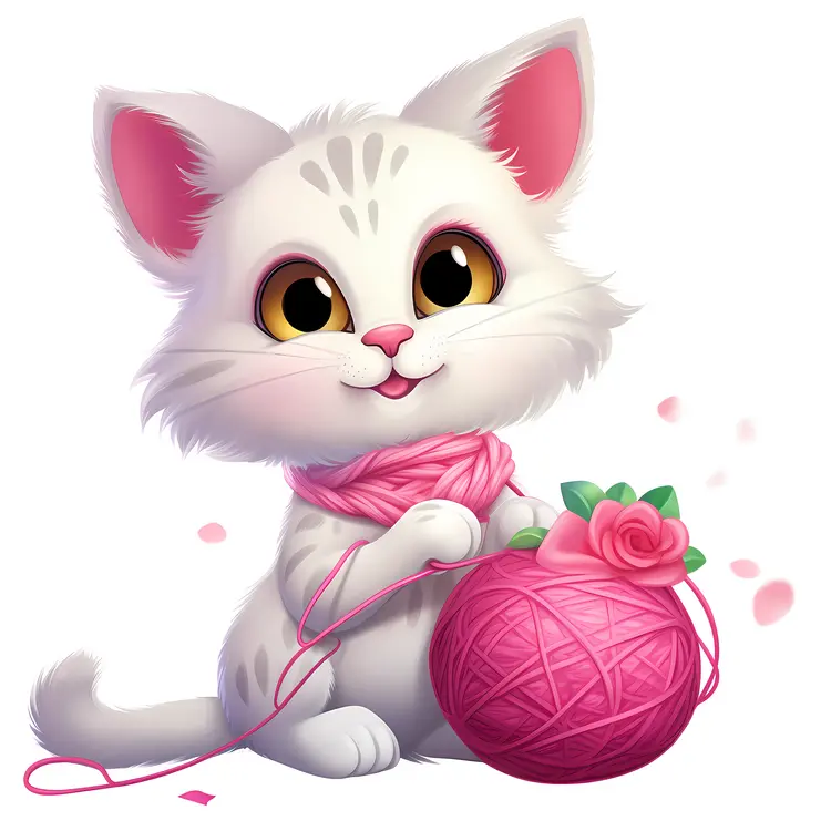 Cute White Kitten Playing with Pink Yarn Ball