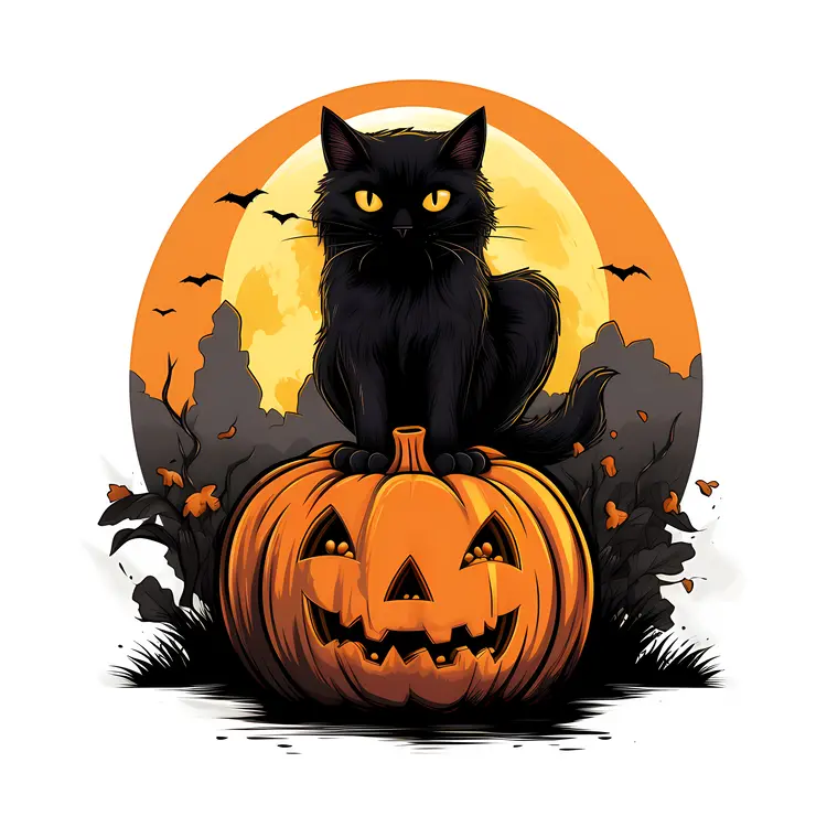 Black Cat on Pumpkin with Halloween Moon