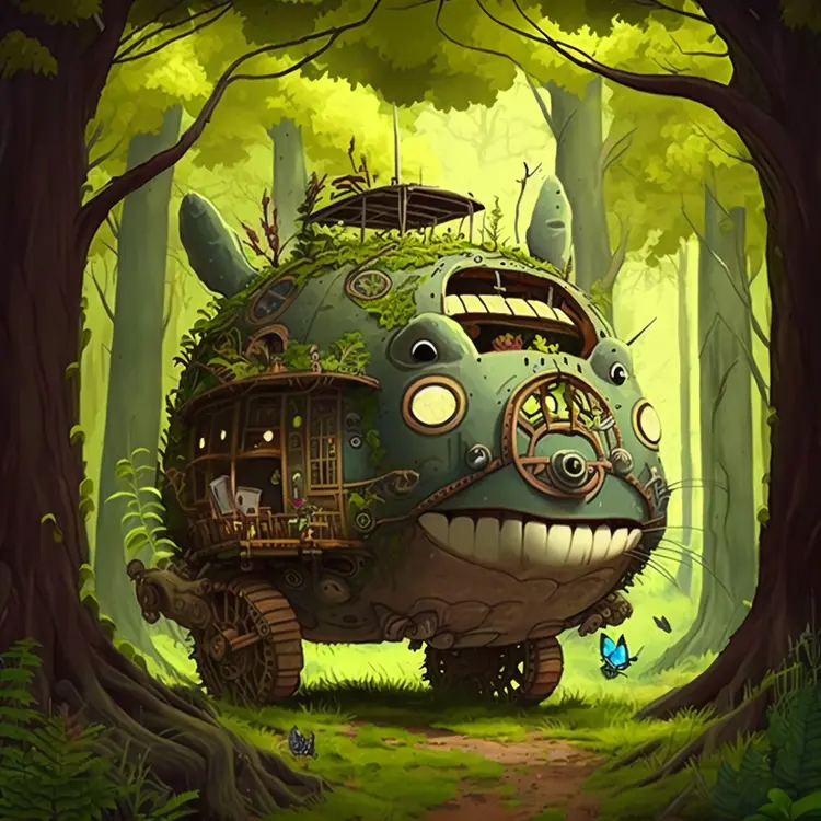 Whimsical Fantasy Vehicle in Enchanted Forest