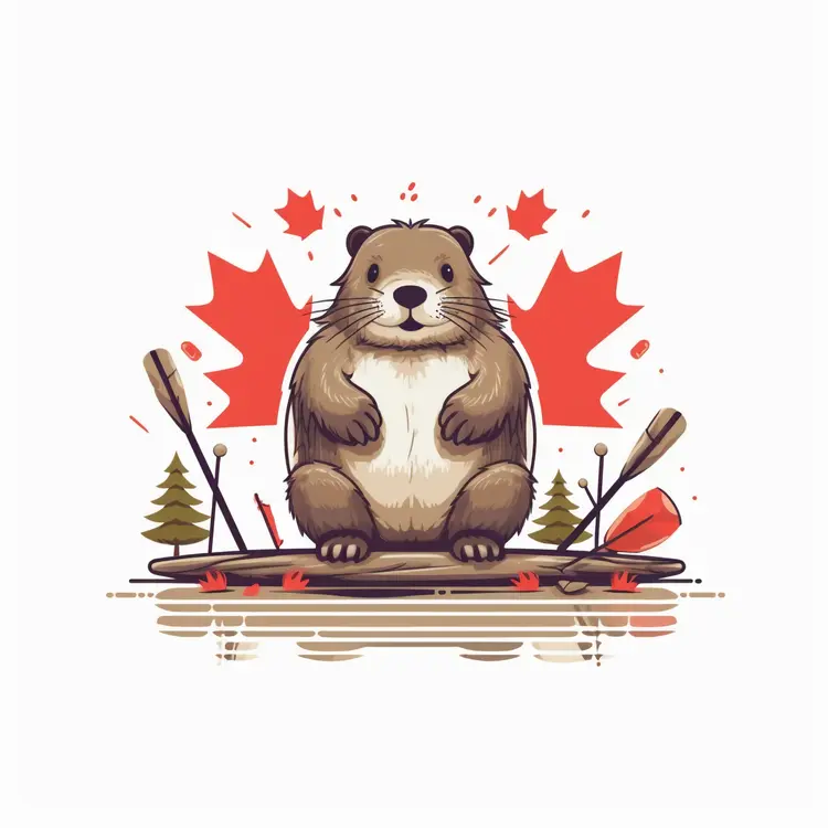 Cute Beaver with Canadian Maple Leaf Background
