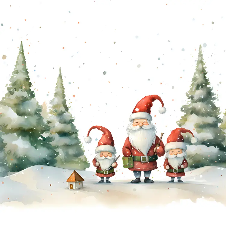 Santa Claus with Elves in Snowy Forest