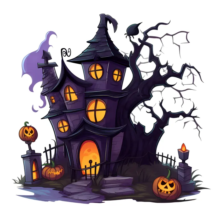 Spooky Haunted House with Pumpkins