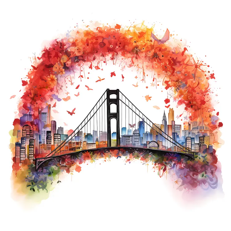 City Bridge with Rainbow Illustration