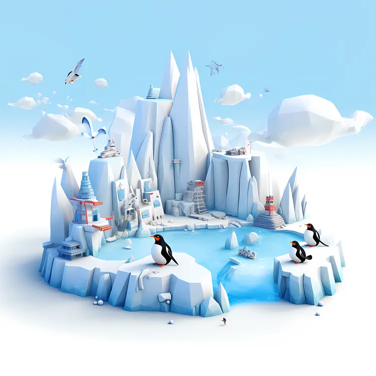 Penguins on Ice with Snowy Mountains