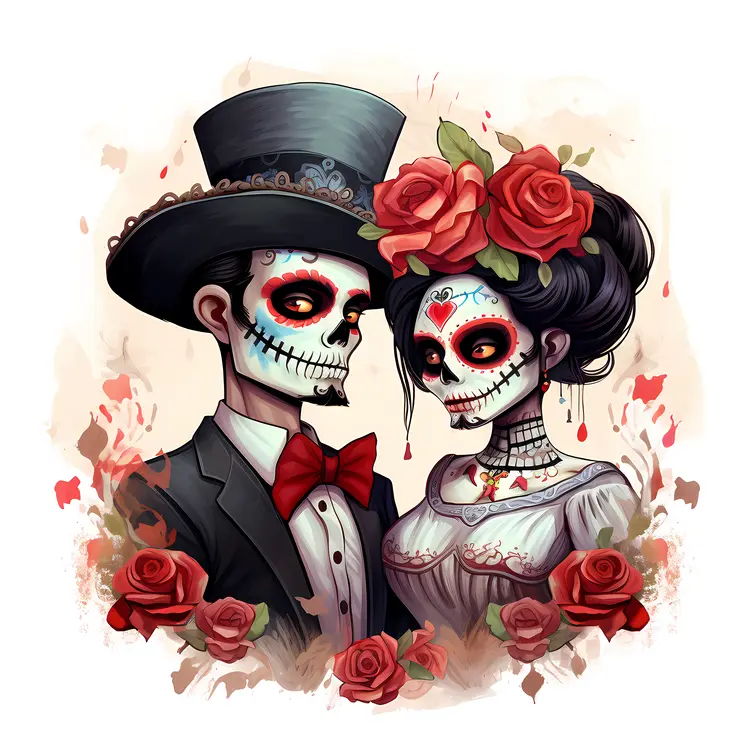 Elegant Sugar Skull Couple with Roses