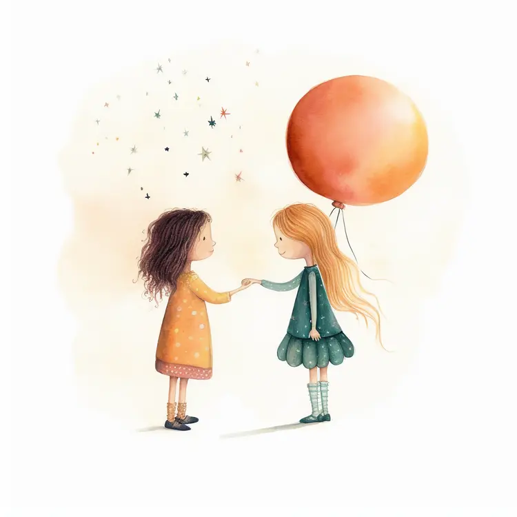 Whimsical Illustration of Two Girls with an Orange Balloon