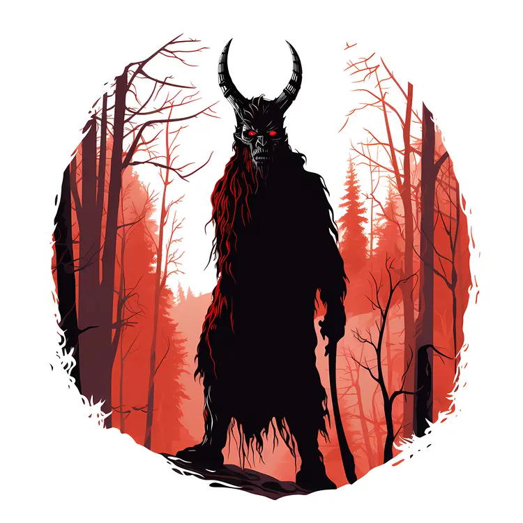 Horned Demon Silhouette in Red Forest