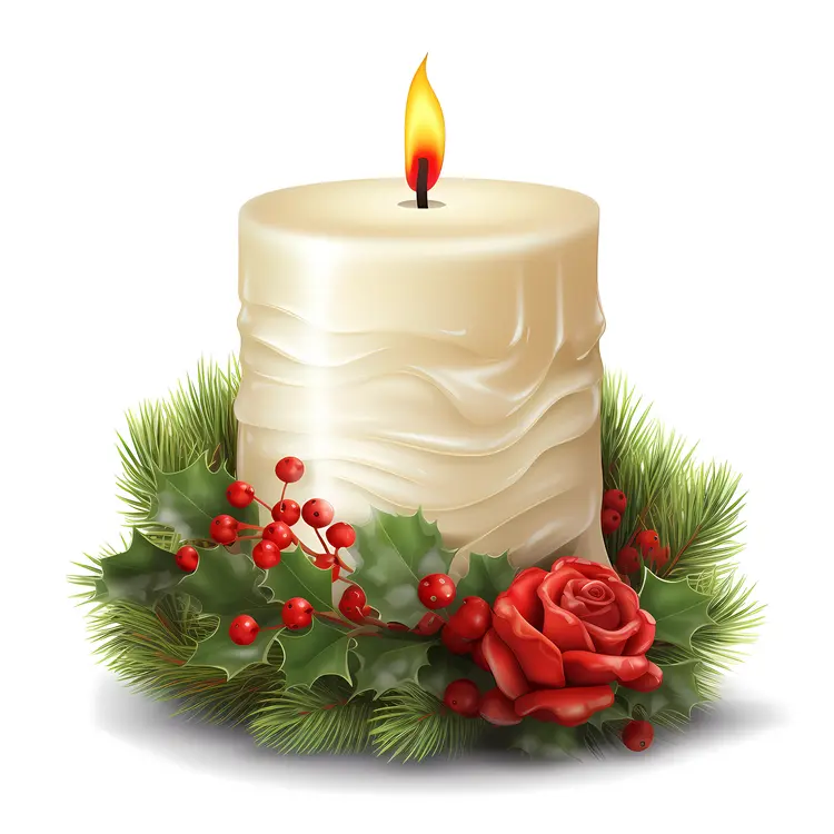 White Candle with Christmas Decorations