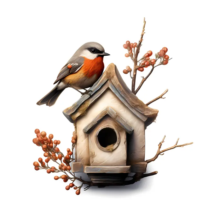 Realistic Birdhouse with Bird and Berries