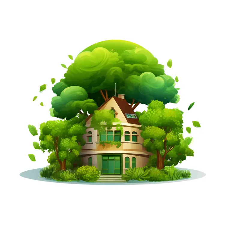 Small cute doodle house surrounded by trees