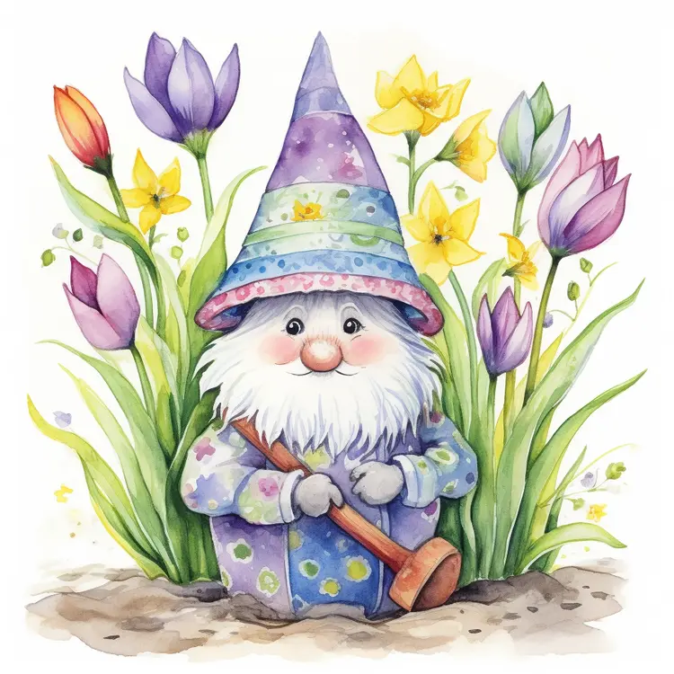 Cute Gnome in a Colorful Spring Garden
