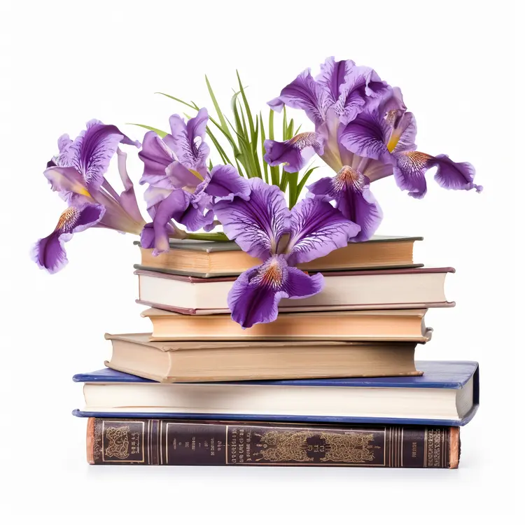Beautiful Stack of Books with Purple Flowers