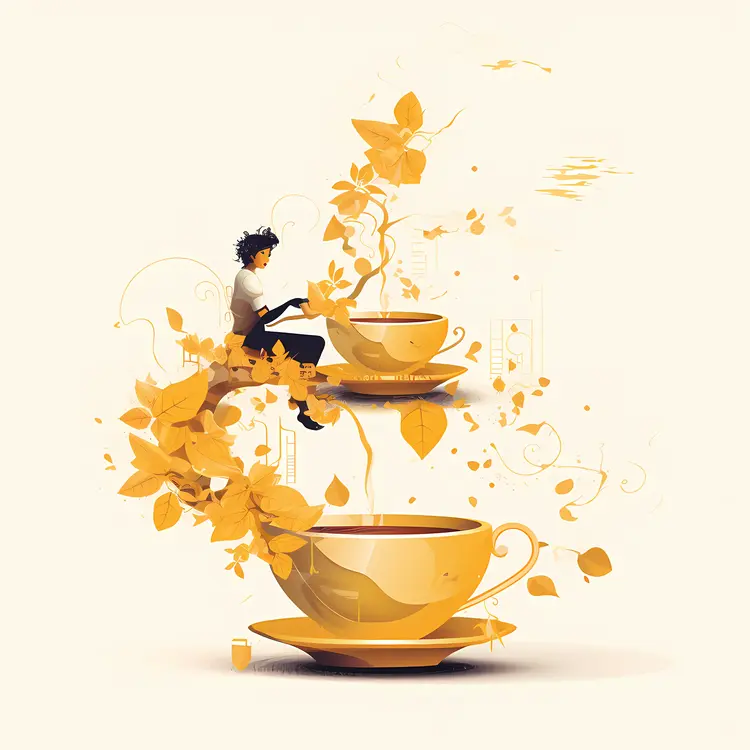 Yellow Tea Cups with Leaves and Person