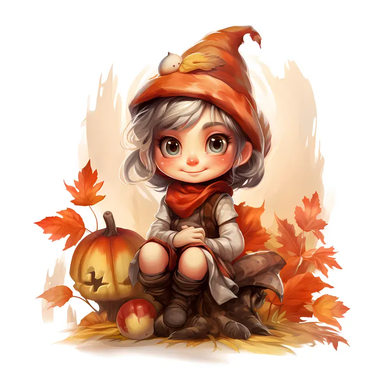 Cute Girl with Pumpkin and Autumn Leaves