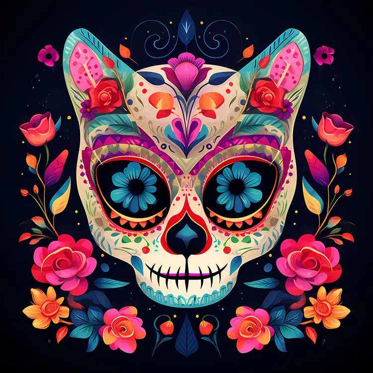 Colorful Sugar Skull with Floral Decorations for Day of the Dead