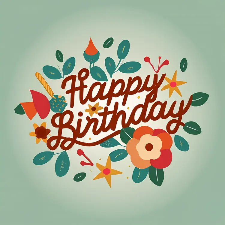 Happy Birthday with Floral and Leaf Design