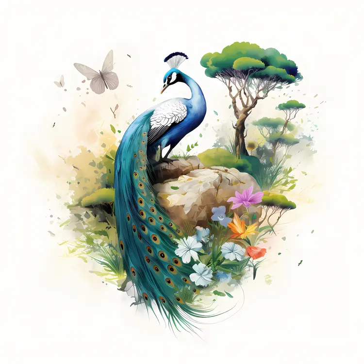Peacock with Flowers and Butterfly