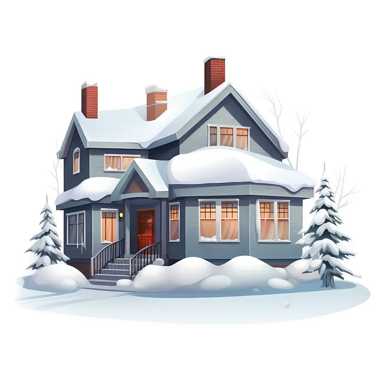 Snowy House with Chimney and Trees