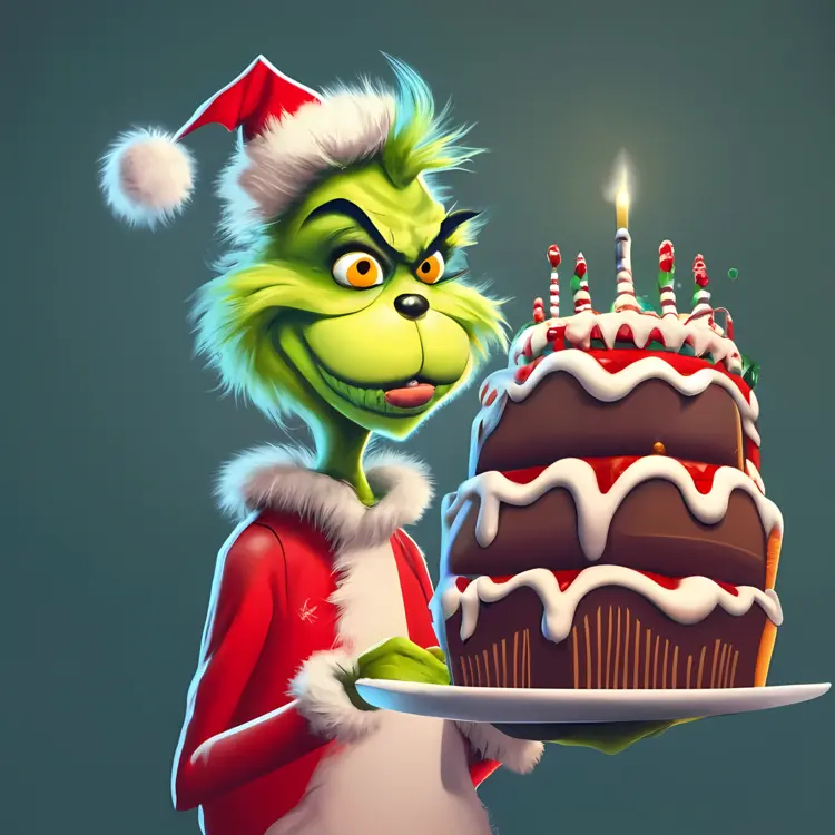 Smirking Grinch with Birthday Cake in Santa Hat