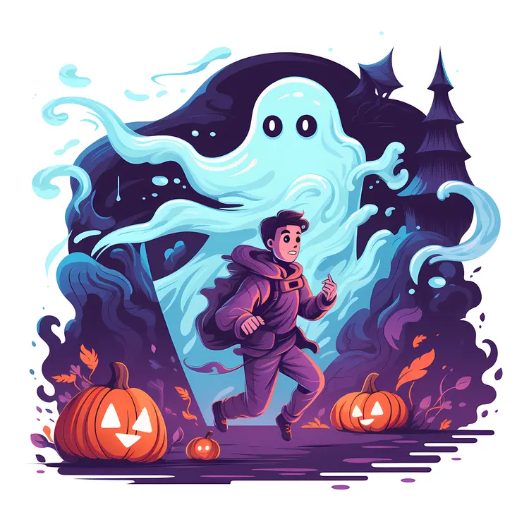 Boy Running from Ghost with Pumpkins