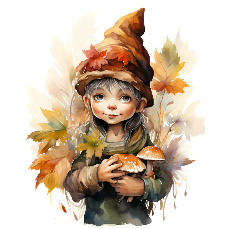 Child Holding Mushrooms with Autumn Leaves