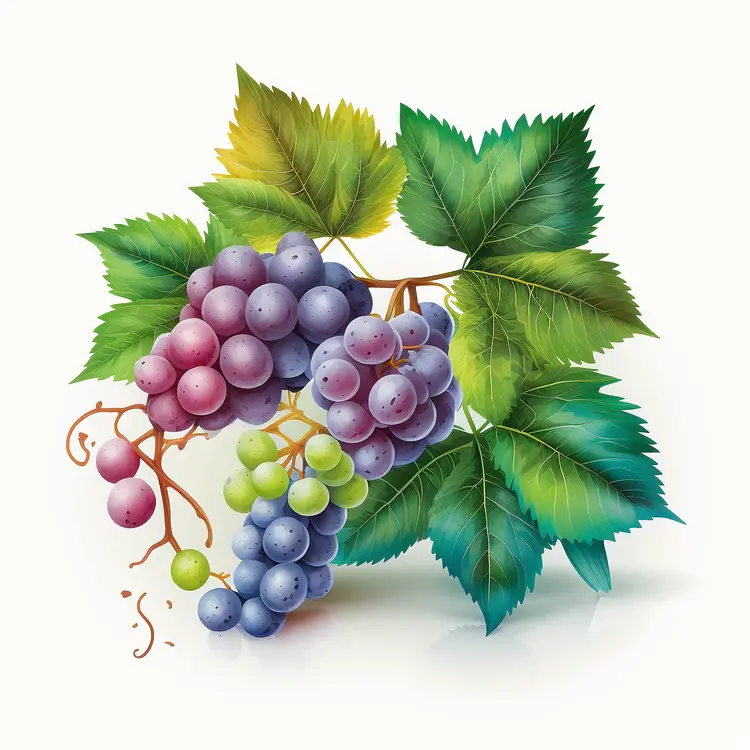 Colorful Grapes with Leaves Illustration