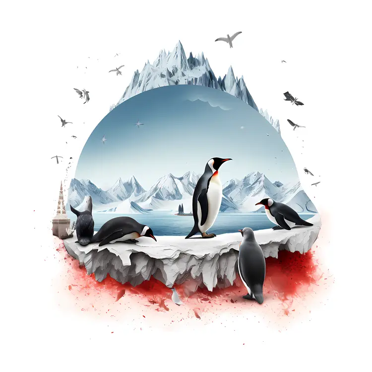 Group of Penguins on Ice with Mountain Background