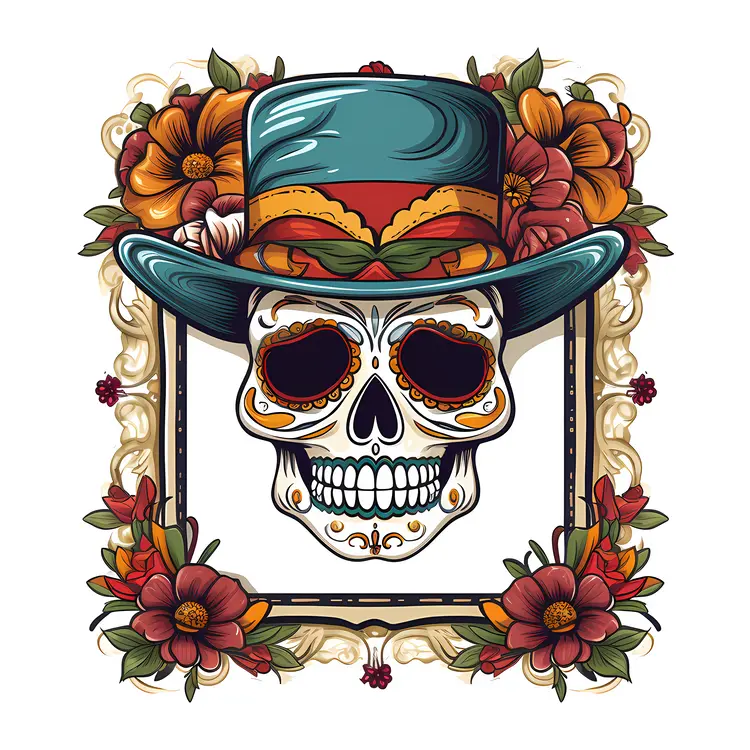 Skull with Hat and Floral Frame for Day of the Dead