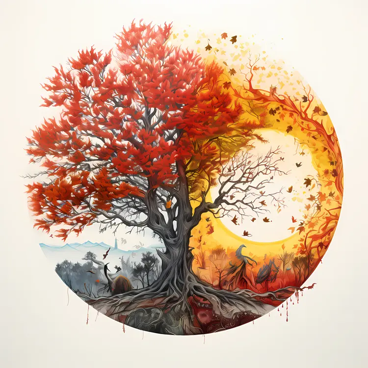 Red Tree in Autumn Landscape