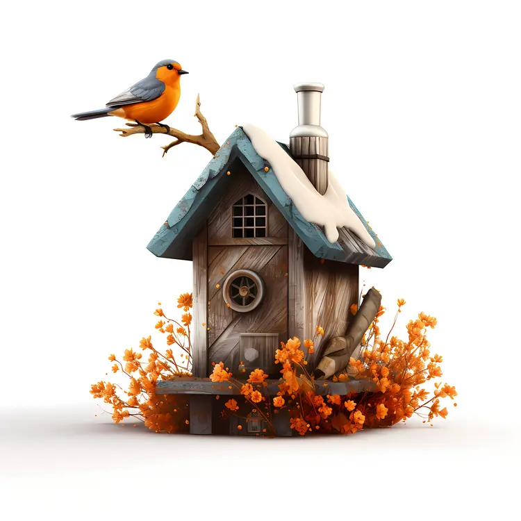 Birdhouse with Bird and Orange Flowers