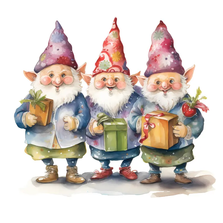 Three Gnomes with Holiday Gifts