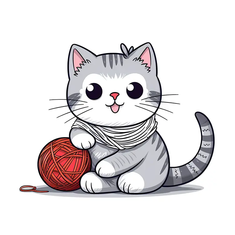 Cute Gray Tabby Cat Playing with Red Yarn Ball
