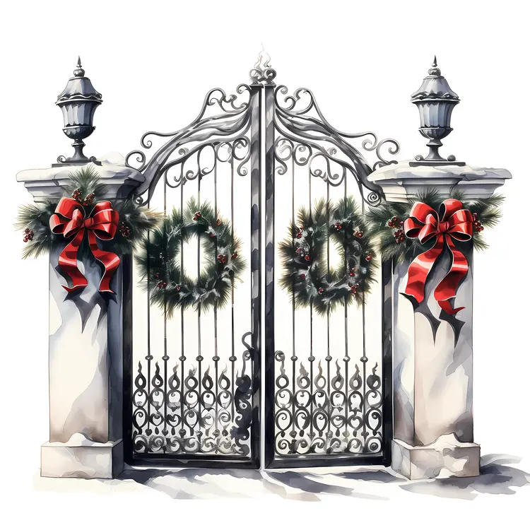 Christmas Gate with Wreaths and Ribbons