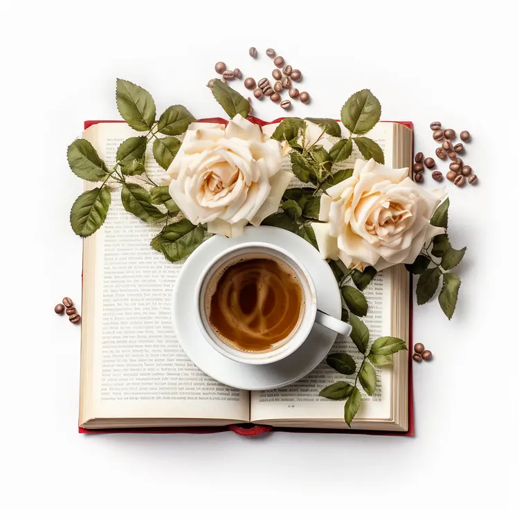 Coffee Cup with Roses on Open Book