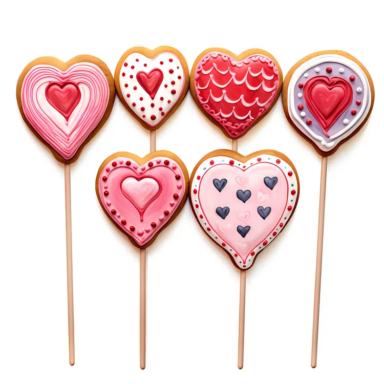 Decorated Heart-Shaped Cookies on Sticks
